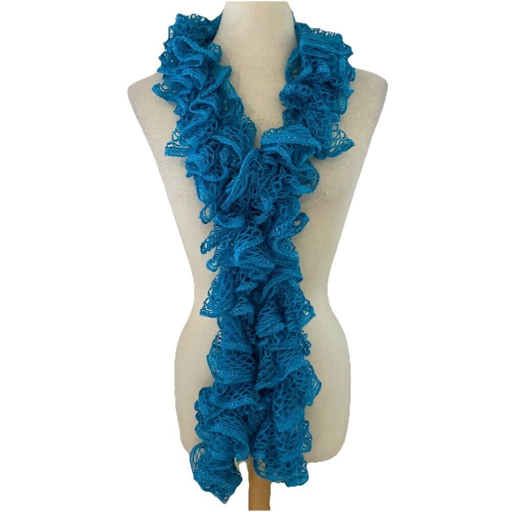 Ruffled Knit Scarf Acrylic Lightweight Blue Metallic 60" Sashay Wooden Duck NWT